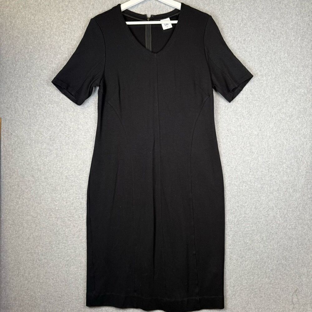 Cabi Womens Size 10 Knee Length Sheath Dress Black V Neck Back Zip Short Sleeve